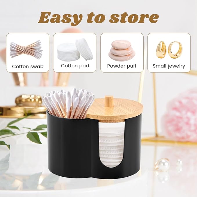 2- Grid Q-tip Holder for Bathroom, Cotton Swab Holder with Removable Dustproof Lid for Cotton Swabs, Rounds, Balls(COLOR:Black)