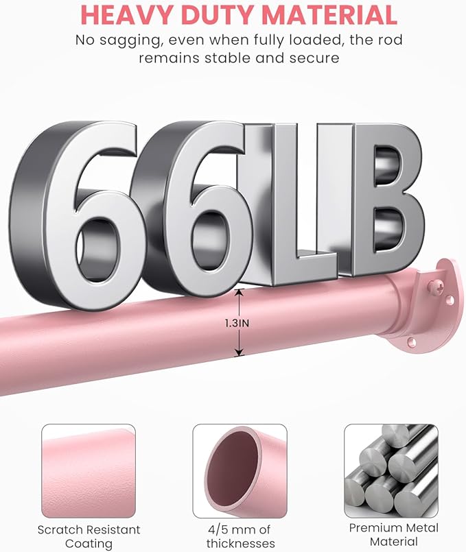 Supforce Closet Rods for Hanging Clothes, 17 to 54 Inches Stepless Adjustable Metal Closet Rod, 1.3 Inches Heavy Duty Clothes Hanging Rod for Closet Wardrobes Laundry RV, Pink