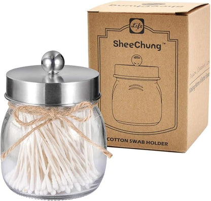 SheeChung Small Mason Jar, Glass Qtip Holder, Apothecary Jars with Lids, Bathroom Organizers and Storage, Bathroom Canister for Q-tips, Floss, Balls, Cotton Swabs, Farmhouse Decor-Brushed Nickel