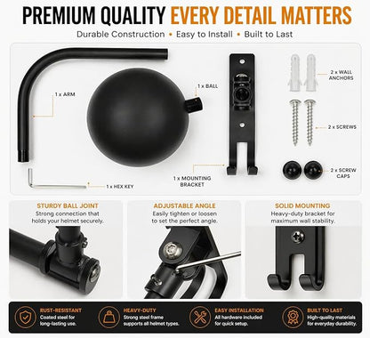 ZUDAY Home Helmet Hanger Wall Mount, 180° Swivel Rack and Holder with 2 Hooks to Motorcycle Helmet, Bike Coat, Hat, Baseballs Cap, Rugby Helmet