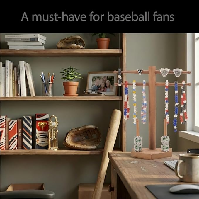 NEW Wooden Baseball & Softball Championship Ring Holder with Drip Necklace Display – Sports Organizer Baseball Gifts for Jewelry & Awards(NO TEXT)