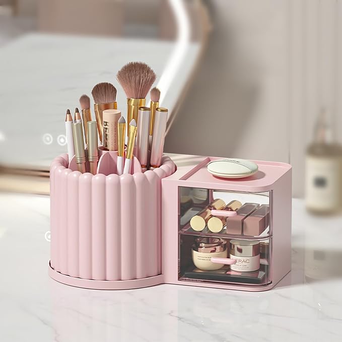 Anyoifax 360 Rotating Makeup Brush Holder 7 Slots Makeup Organizer with Drawer Removable Spinning Cosmetic Storage Pen Holder for Vanity, Dresser, Desk, Pink