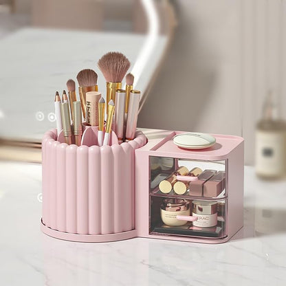 Anyoifax 360 Rotating Makeup Brush Holder 7 Slots Makeup Organizer with Drawer Removable Spinning Cosmetic Storage Pen Holder for Vanity, Dresser, Desk, Pink