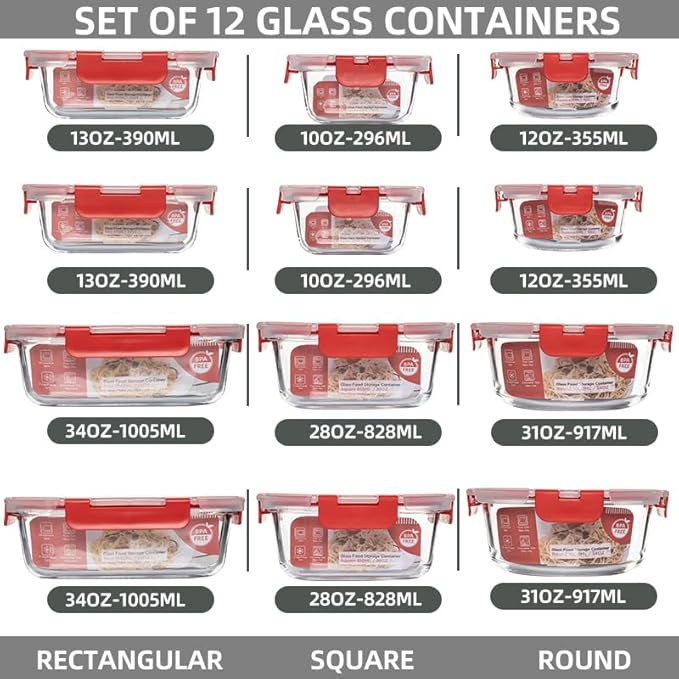 12 Pack Glass Storage Containers Transparent, Stackable Design Meal Prep Containers for Food Storage, Home, Kitchen & Pantry Organization, Microwave/Freezer/Dishwasher Safe