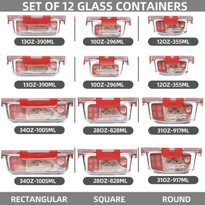 12 Pack Glass Storage Containers Transparent, Stackable Design Meal Prep Containers for Food Storage, Home, Kitchen & Pantry Organization, Microwave/Freezer/Dishwasher Safe