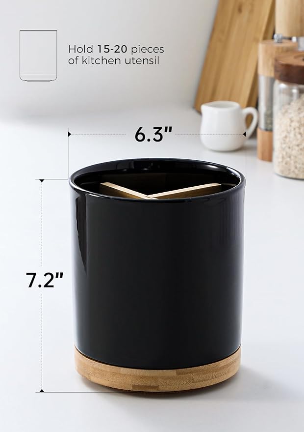 LoeJan 3 Compartment Utensil Holder, Extra Large Utensil Crock, Stable Ceramic Utensil Organizer, Cooking Tool Organizer Set for Kitchen Counter Farmhouse Decor (D-Black(Grossy))