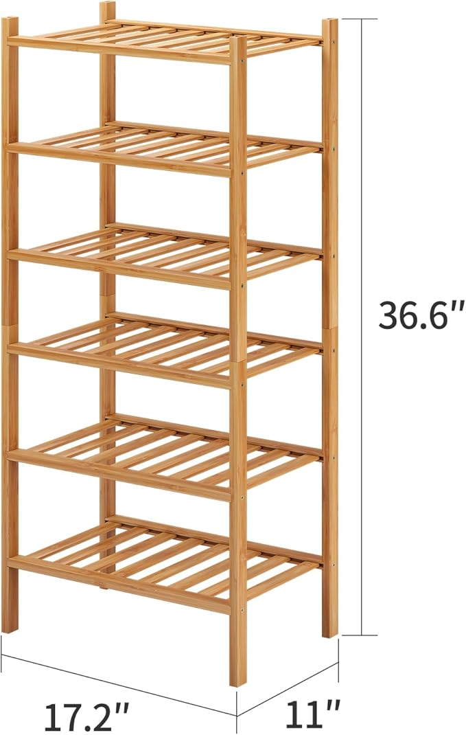 6-Tier Small Shoe Rack for Entryway, Stackable | Heavy Duty | Multi-Function, Bamboo Free Standing Shoe Racks for Bedroom Hallway Closet