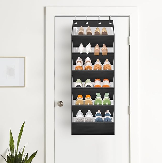 AOODA Clear Over The Door Shoe Organizer Storage Holds 12 Pairs, Narrow Door Hanging Shoe Rack for Closet, Deep Pockets Shoe Holder Hanger for Sneakers, Boots (Black)