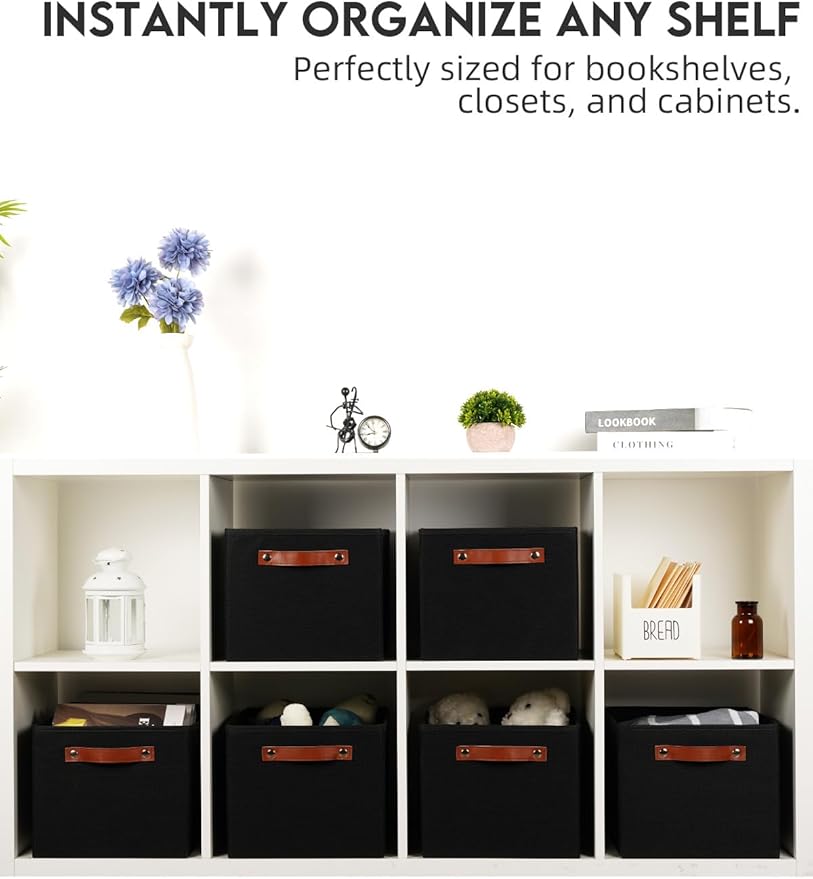 Fabric Storage Bins (15x11x9.5”) – Reinforced 2.5mm Cardboard Shelf Bins with PU Leather Handles – [6-Pack] Durable Storage Baskets for Closet Organization, Toy Organizer, & Home Office – Black