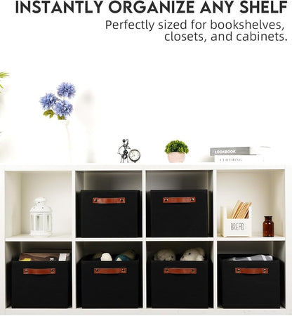 Fabric Storage Bins (15x11x9.5”) – Reinforced 2.5mm Cardboard Shelf Bins with PU Leather Handles – [6-Pack] Durable Storage Baskets for Closet Organization, Toy Organizer, & Home Office – Black