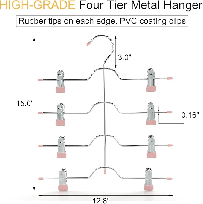 TOPIA HANGER 4 Tier Metal Skirt Hangers for Women, Pants Hanger Space Saving with Adjustable Clips, Gain 70% More Space, Non Slip Grip for Slacks, Trousers, Shorts, Jeans, Towels, Pink, 2-Pack, CT20P