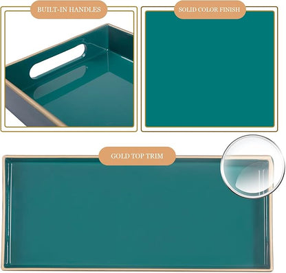 MAONAME Green Vanity Tray Set of 2, Plastic Decorative Tray with Handles, Long Narrow Trays, Small Bathroom Trays for Toilet Tank, 13.8" X 6" X 1.57"