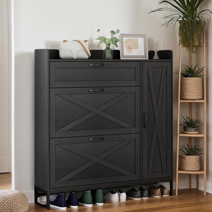 Gyfimoie Shoe Storage Cabinet with 2 Flip Drawers, Freestanding Shoe Cabinet Organizer with Storage Shelf, Shoe Rack with Adjustable Side Cabinet, Narrow Farmhouse Shoe Cabinet for Entryway (Black)