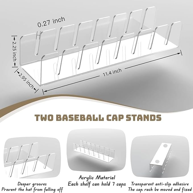 Hat Stands, Holder Organizer for Baseball Caps, 2 Pack Acrylic No-Install Hat Rack for 14 Caps Storage, Hat Organizer Display Stand for Closet, Bedroom, Dresser, Office, Shelf Decoration
