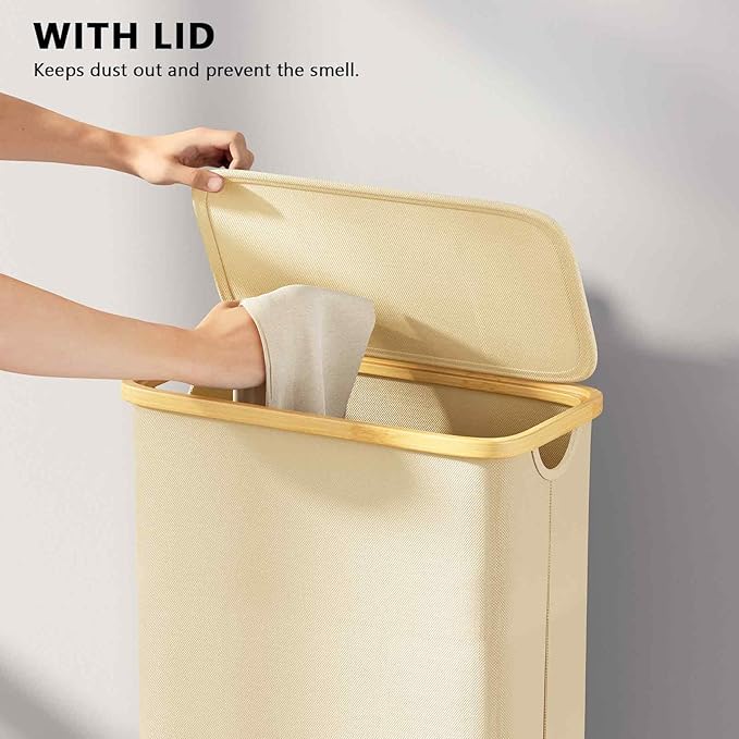 SpaceAid Slim Laundry Hamper with Lid, 65L Narrow Clothes Basket Bin with Bamboo Handles, Skinny Tall Collapsible Hamper for Bedroom, Bathroom, Dorm, Laundry Room - Beige