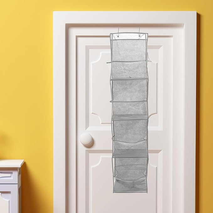 HEALLILY Door Hanging Storage Organizer Bag 4-compartment Gray Non-drill Shoe and Accessory Holder for Bedroom Closet Door