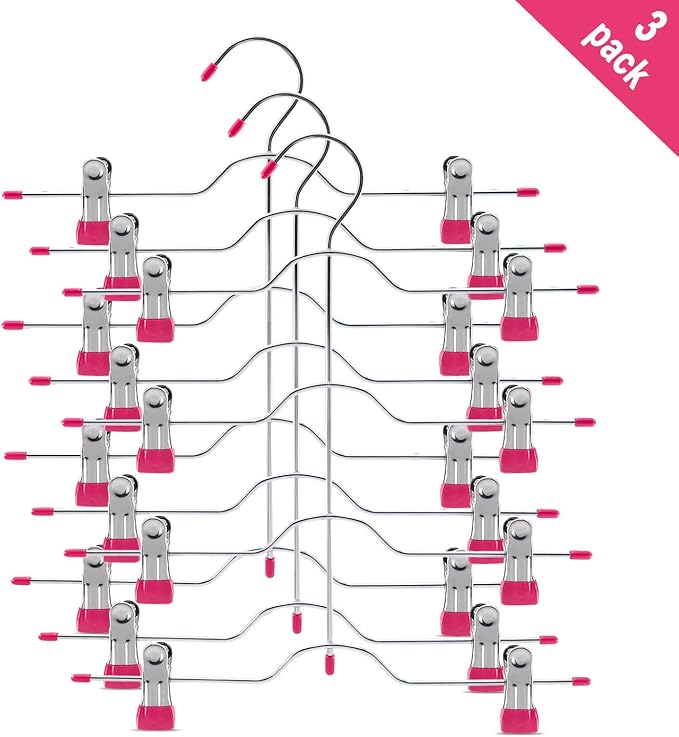4 Tier Skirt Hangers Space Saving,Metal,Non Slip Closet Organizer and Storage Multi Clothes Shorts Hanger Organization Dorm Room Essentials(Pink 3Pack)