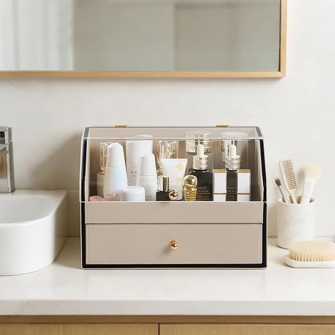 Leather Makeup Organizer & Skincare Storage Rack - Cosmetic Display Case with Dustproof Transparent Cover, Drawer Jewelry Storage, for Bedroom Vanity, Perfume & Lipstick Organizer (Beige)