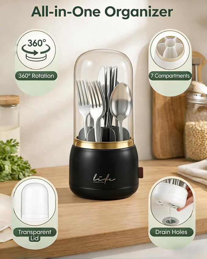 Silverware Organizer with Lid, 360° Rotation Utensil Holder for Kitchen Counter, Silverware Caddy for Party, 7 Slots Fits Standard Utensils & Steak Knives, Not for Extra-Long Knives (Black)