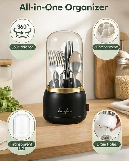 Silverware Organizer with Lid, 360° Rotation Utensil Holder for Kitchen Counter, Silverware Caddy for Party, 7 Slots Fits Standard Utensils & Steak Knives, Not for Extra-Long Knives (Black)