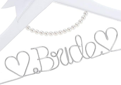 White Solid Wood Bridal Dress Hanger with Bridal Wire Lettering for Bridal Wedding Party Gift (White Hanger Silver Thread and Pearl Chain)