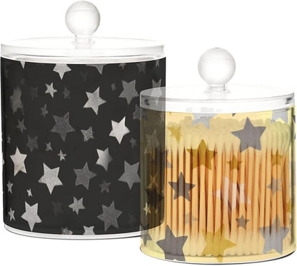 2 Pack Qtip Dispenser Apothecary Jars with Lids Cotton Round Holder Bathroom Canisters for Cotton Swab Floss Ball Pads Clear Plastic Decorative Cute Silver and Golden Stars