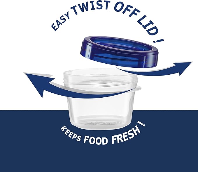 ELEGANT DISPOSABLES Twist Top Containers Small Food Storage Containers Blue Screw on Lid Reusable Stackable Leakproof Airtight, Pack of 20-4 oz containers