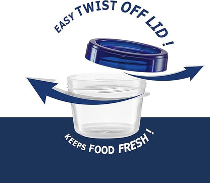 ELEGANT DISPOSABLES Twist Top Containers Small Food Storage Containers Blue Screw on Lid Reusable Stackable Leakproof Airtight, Pack of 20-4 oz containers