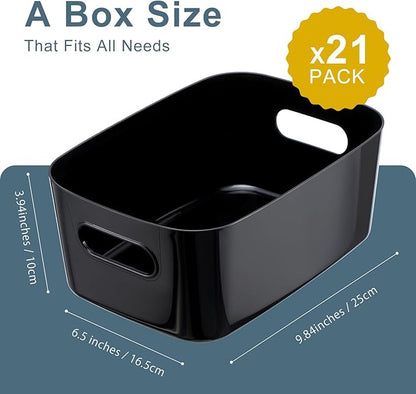 Leinuosen 21 Pack Plastic Storage Baskets Plastic Storage Bins Pantry Organizer Bins for Kitchen Freezer Cabinet Closet Bathroom Under Sink Laundry Room Bedrooms Countertops Shelve(Black)