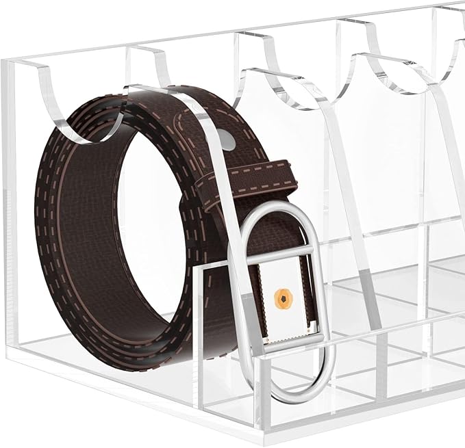 NIUBEE Belt Organizer - Acrylic Belt Storage Holder with 7 Compartments and Display Stand
