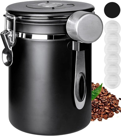 Coffee Canister with Airtight Lid, 22oz, 60 fl oz White, Stainless Steel Air Tight Lid Container with Date Tracker and Scoop Food Storage Jar for Coffee Bean (Black)
