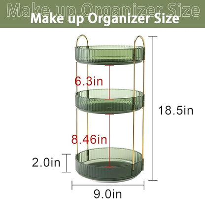 360° Rotating Makeup Organizer, 3 Tier Spinning Cosmetic Organizer for Vanity & Bathroom Countertop, Holds Tall Skincare Bottles, Perfume & Beauty Accessories – Clear Green