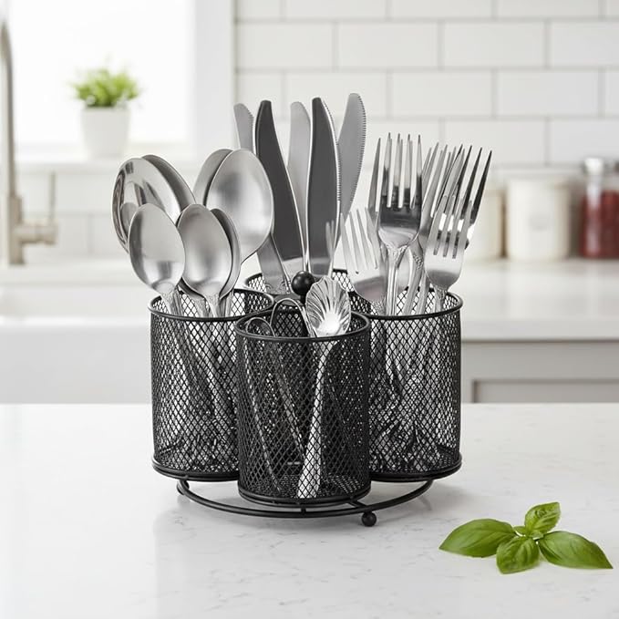 Peohud Rotating Utensil Holder, 4 Compartment Silverware Cutlery Caddy, Metal Flatware Organizer for Spoons, Knives, Forks and Napkin