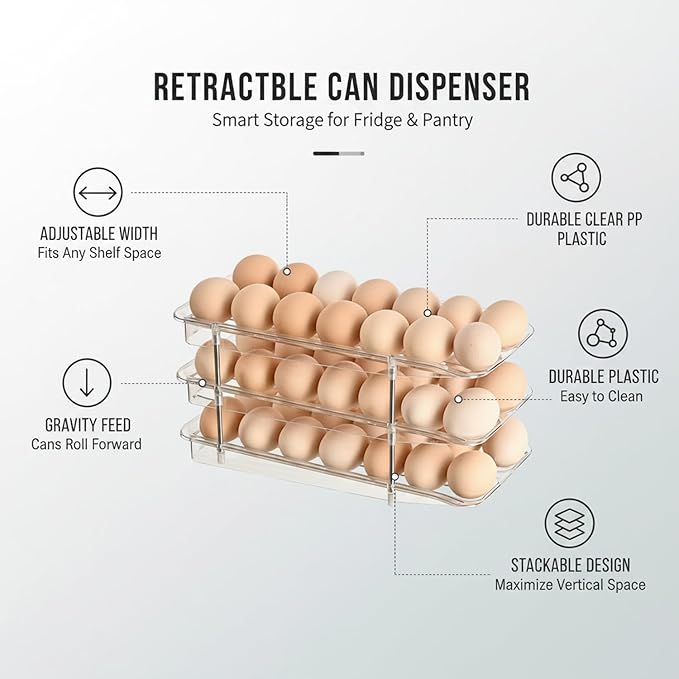 Retractable Can Dispenser, Adjustable Width Sliding Storage Rack for Refrigerator & Pantry, Clear PP Plastic Beverage Organizer