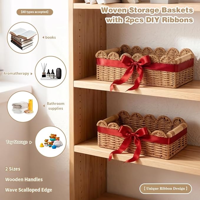 Toilet Basket,Tank Topper,Toilet Paper Basket 2pcs Scalloped Basket Toilet Paper Holder with A Wooden Handle A Cute and Practical Home Decor Item （Includes 2 Decorative Ribbons）