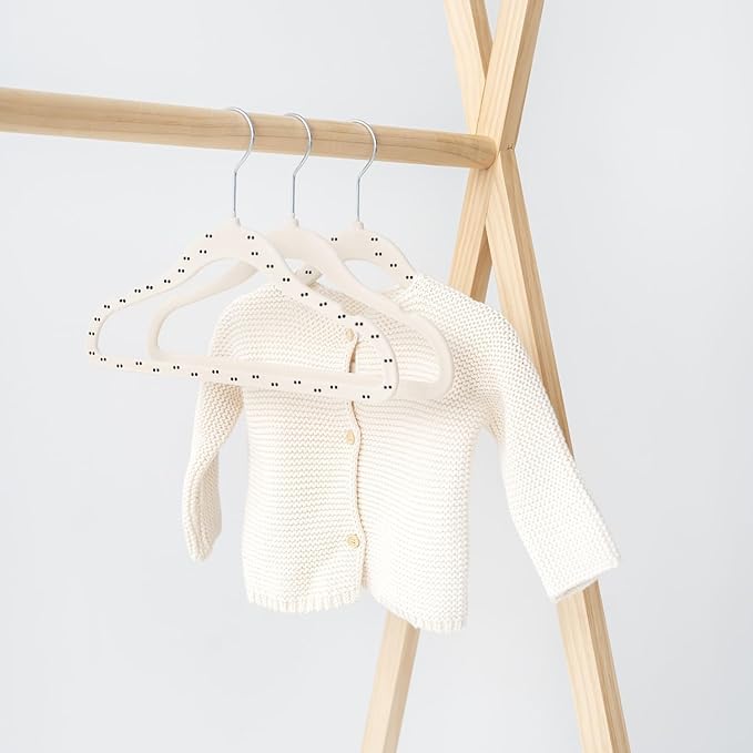 3 Sprouts Velvet Baby Hangers - Non-Slip Hangers for Infant and Toddler Clothes - Slim Space-Saving Design with Nordic Colors for Nursery - 30 Pack - Double Dot & Beige