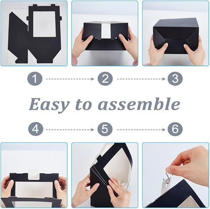 AHANDMAKER 10 Pcs Black Hat Storage Box, Foldable Cardboard Gift Storage Boxes with Clear PVC Window, 7.8" x 7.8" x 4.7" Storage Containter for Baseball Hat Display Case Holder