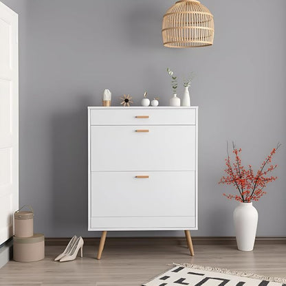 Karl home Narrow Entryway Shoe Cabinet, Freestanding Shoe Rack with 2 Flip Doors 1 Drawers, Adjustable Tipping Wood Hidden Storage Organizer for Hallway Apartment Foyer, White