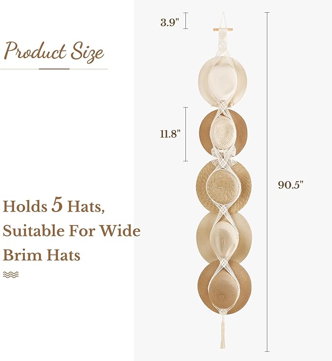 Dahey Macrame Hat Hangers Hat Rack for Wall Cowboy Hat Organizer Hanging Display Hand Weaving Bobo Hat Holder Westen Decor for Wide Brim Hats Bowler Fedora Hats, 5 Hats Style