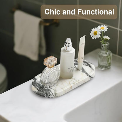 Natural Marble Vanity Tray - Moujings Genuine Marble Perfume Tray for Bathroom Decor, Stone Bathroom Vanity Organizer Tray for Kitchen Counter, Candles, Jewelry, Coffee, Makeup, Key