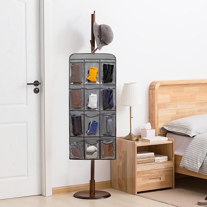 Dual Sided Hanging Shoe Organizer for Closet with Rotating Hanger Hanging Shoe Rack Holder with 24 Large Pockets (GREY-Clear Pockets)