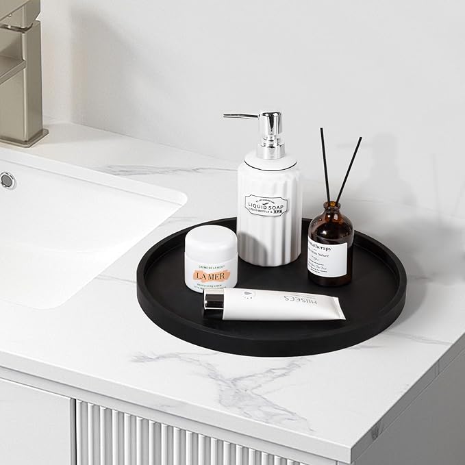 Silicone Bathroom Tray Round Vanity Tray Decorative Soap Holder Kitchen Countertop Organizer Coffee Table Decor for Candle, Perfume, Plant, 12 Inch, Black