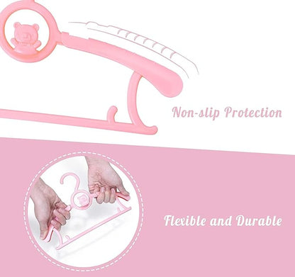 HGYZE Kids Hangers 11"-14" Adjustable Plastic Baby Girl Hangers 20 Pack, Toddler Bear Hanger for Children's Clothes Sweaters, Infant Hangar for Closet with Non-Slip Shoulder Grooves & Pants Bar, Pink