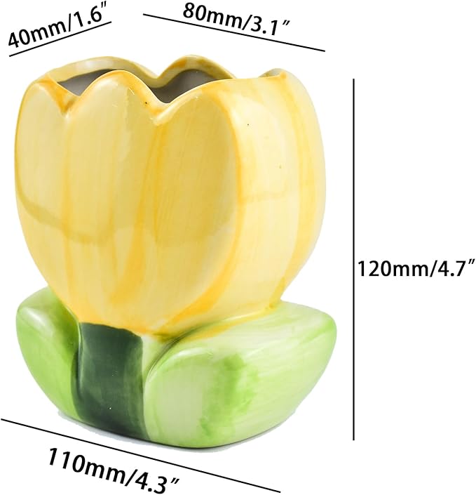 Ceramic Tulip Cosmetic Storage Box, Desktop Organizers Make Up Brush Storage Stand Desktop Storage Box for Brush,Pencil,Art Supplies, Painting Brush (Yellow)