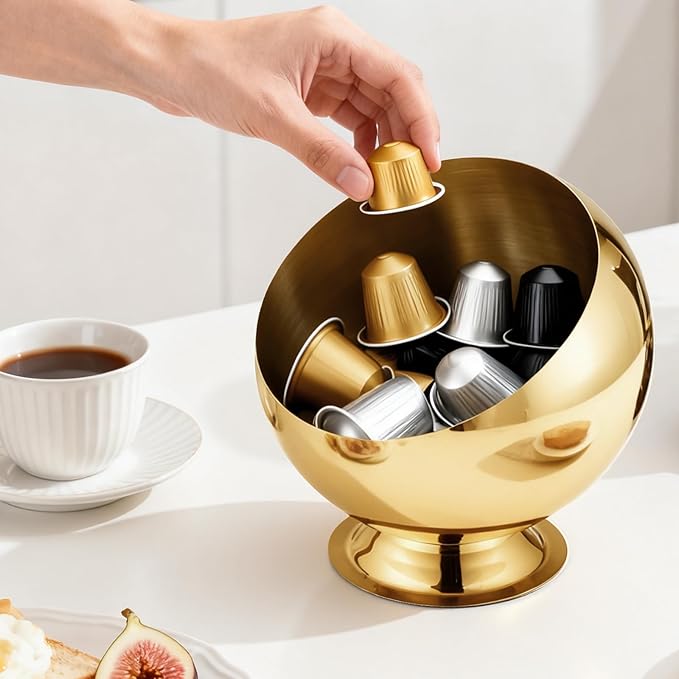 Coffee Pod Holder - Large Capacity Metal K Cup serve for Nespresso Pod Storage Container with Gold Finish, Multi-Use Creamer & Candy Bowl for Countertop, Coffee Bar Accessories(Gold)