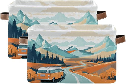 Storage Basket Vintage Camper Van Durable Canvas Collapsible Toy Box Organizer Bin with Handles for Shelf Closet Bedroom Home Office