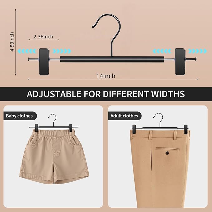 Wooden Pants Hangers with Clips 14Inch 20 Pack Adjustable Wood Skirt Hangers for Women&Men Space Saving Closet Non Slip Clothes Hanger for Jeans,Trousers,Short,Black