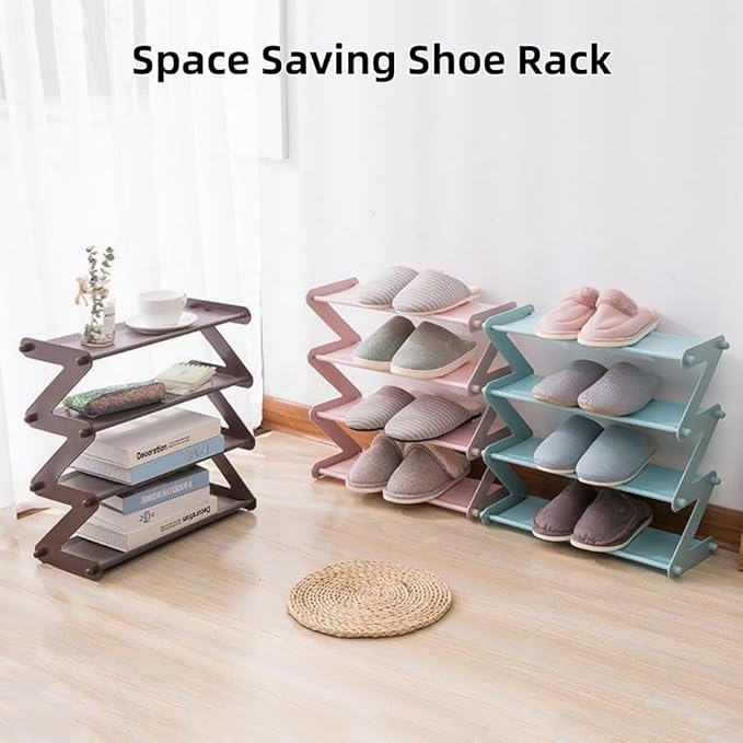 4 Tier Foldable Shoe Rack Organizer Free Standing Shoe Rack for Closet Front Door Living Room Entryway, Simple Installation (Pink)