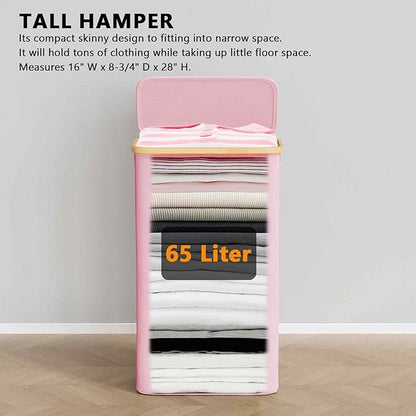 SpaceAid Slim Laundry Hamper with Lid, 65L Narrow Clothes Basket Bin with Bamboo Handles, Skinny Tall Collapsible Hamper for Bedroom, Bathroom, Dorm, Laundry Room - Pink