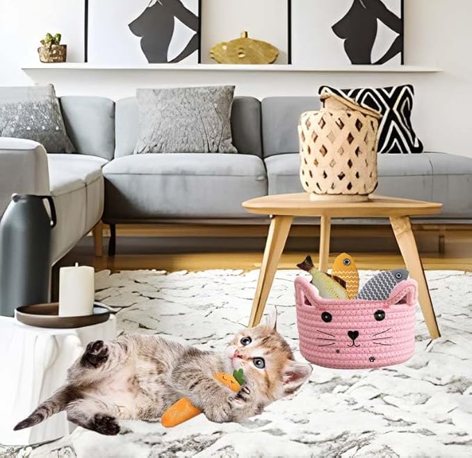 Pet Toy Basket Organzier Cotton Rope Basket Cute Storage Bin Pink Baby Nursery Basket With Ears Gifts Basket For Pet Lover 8.3 x 4.7 inches,Pink